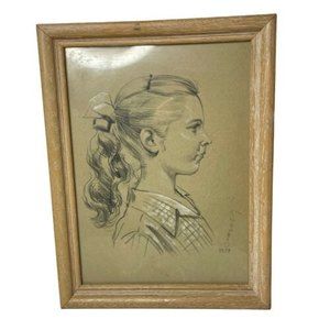 Original Pencil Drawing of a Girl with Hair Bow Signed 1954 Framed 18 X 14”